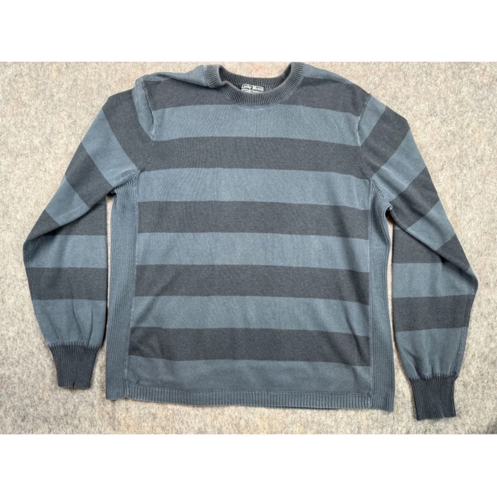 Lucky Brand Sweater Men XL Blue Black Striped Knit Classic Crew Neck Long Sleeve